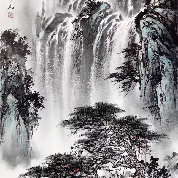 Impressions d'art chinois, paysage naturel asiatique, aquarelle cascade FINE ART PRINT, peinture antique chinoise, affiches murales, décoration d'intérieur
