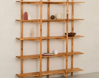 Open Shelving Unit, 5-Tier Wooden Display Rack, Japandi Minimal Bookcase (Beech)