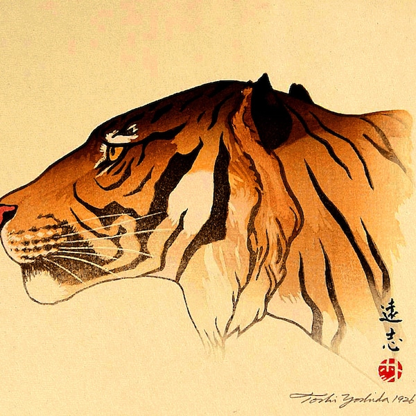 Japanische Kunst, Tiger Gemälde, Kunstdrucke, Poster, Tiger Toshi Yoshida FINE ART PRINT, Holzschnitt Reproduktionen, Wand Kunst Wohndekor