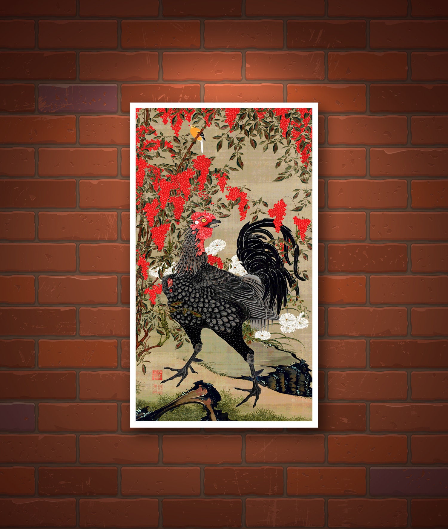 Japanese birds and flowers art prints, Nandina and Rooster Colorful realm of living being Jakuchu FINE ART PRINT, posters, Japanese painting Japanese birds and flowers art prints, Nandina and Rooster Colorful realm of living being Jakuchu FINE ART PRINT, posters, Japanese painting