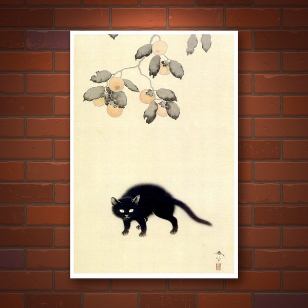 Cat art prints, Japanese cats posters, animal art poster, animal paintings, Black Cat under Persimmon tree FINE ART PRINT, wall art, posters