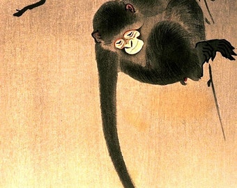 Japanese art, Monkey and Moon Ohara Koson (Shoson) FINE ART PRINT, japanese woodblock prints, monkeys animal paintings, art prints, posters