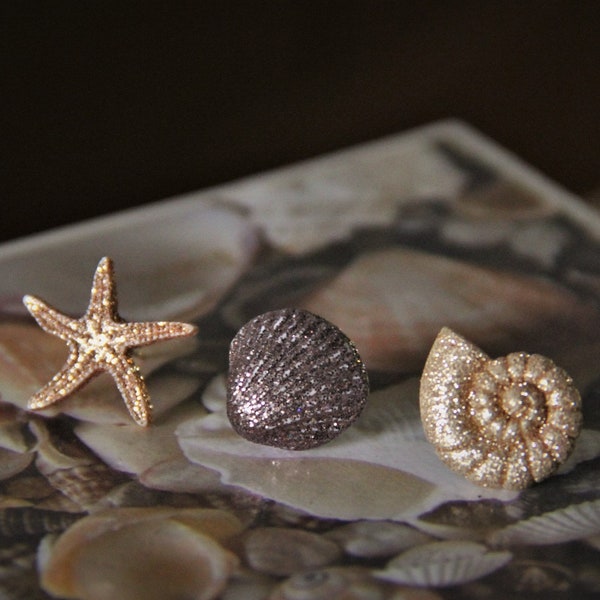 Large Sparkly Ocean Stud Earrings: gold starfish, brown shell, or gold conch shell!