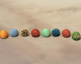 Fabric Printed Round Button Stud Earring: Orange, Blue, Red, Teal, Blue, or Green!