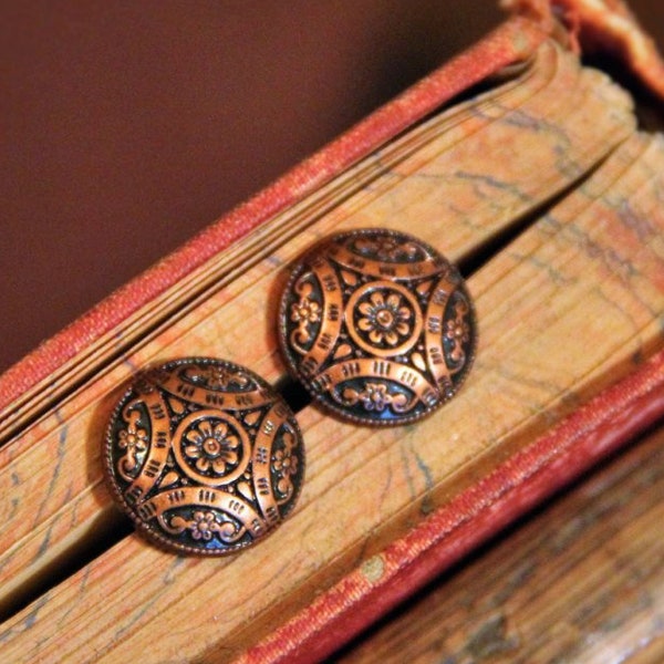 Copper Colores and Black Etched Patterned Button Stud Earrings!