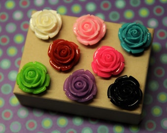Large Shiny Flower Stud Earrings: White, Lt Pink, Hot Pink, Red, Teal, Green, Purple, or Black!