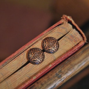 Copper-Colored or Gold-Colored Black Etched Patterned Button Stud Earrings!