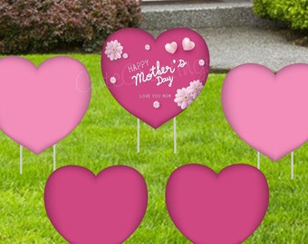Mother's Day Heart Yard Signs: Pink Outdoor Lawn Art Decor
