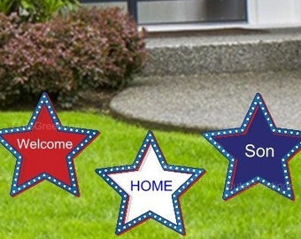 Welcome Home Son Yard Cards, Blue, White & Red Patriotic Stars, Outdoor Lawn Decoration Greetings, Home Coming Celebration, Hero Sign Art