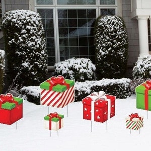 Presents Yard Sign Set, Outdoor Holiday Gift Lawn Ornaments, Christmas Party Decoration Art  Celebration Cutout Banner, Garden Greeting Card