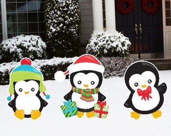 Penguin Yard Signs, Merry Christmas Lawn Art, Outdoor Party Decoration, Personalized Decor Set, Holiday Art with Stakes , Gift for Kids, Elf