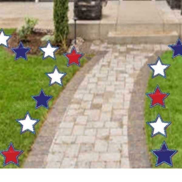 Patriotic Lawn Decorations, Star Yard Signs, 4th of July Cards, Outdoor Party Decor, Blue / White / Red Banner, Veterans Day Art with Stakes