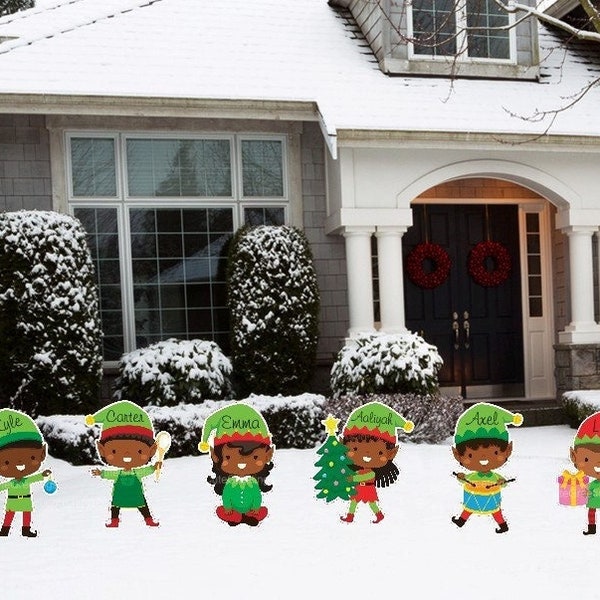 African American Christmas Elf Yard Decoration Sets, Outdoor Holiday Signs, Personalized Name Yard Art Cutouts, Custom Elves, Gift for Kids