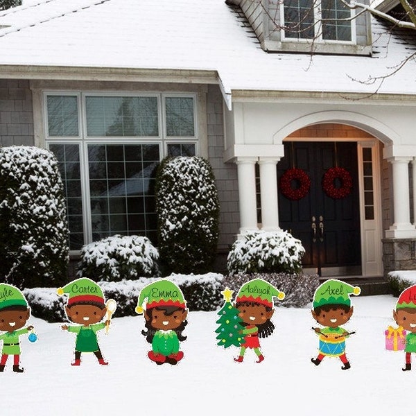 African American Personalized Christmas Elf Lawn Decoration Sets, Outdoor Holiday Signs,  Custom Name Elves Yard Art Cutouts, Gift for Kids