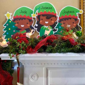 African American Personalized Christmas Elf Lawn Decoration Sets, Outdoor Holiday Signs, Custom Name Elves Yard Art Cutouts, Gift for Kids image 3