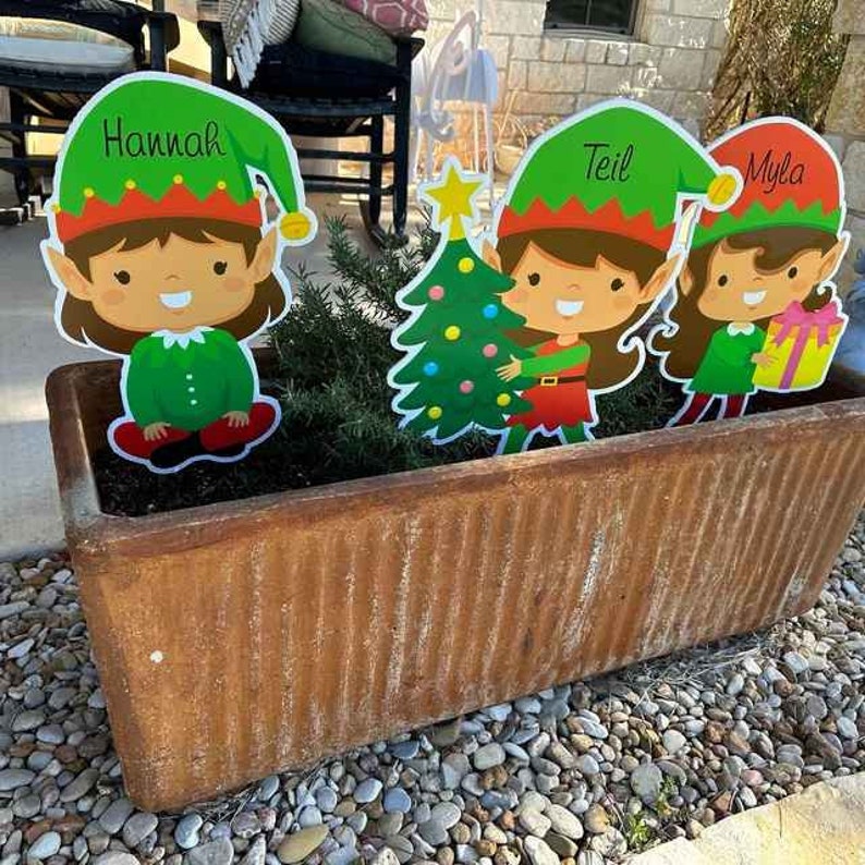 African American Personalized Christmas Elf Lawn Decoration Sets, Outdoor Holiday Signs, Custom Name Elves Yard Art Cutouts, Gift for Kids image 5