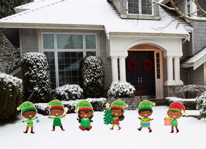 African American Personalized Christmas Elf Lawn Decoration Sets, Outdoor Holiday Signs, Custom Name Elves Yard Art Cutouts, Gift for Kids African American Set