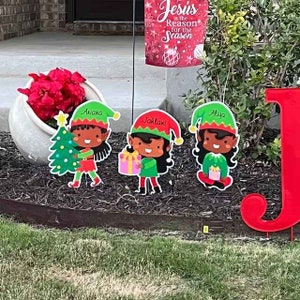 African American Personalized Christmas Elf Lawn Decoration Sets, Outdoor Holiday Signs, Custom Name Elves Yard Art Cutouts, Gift for Kids image 7