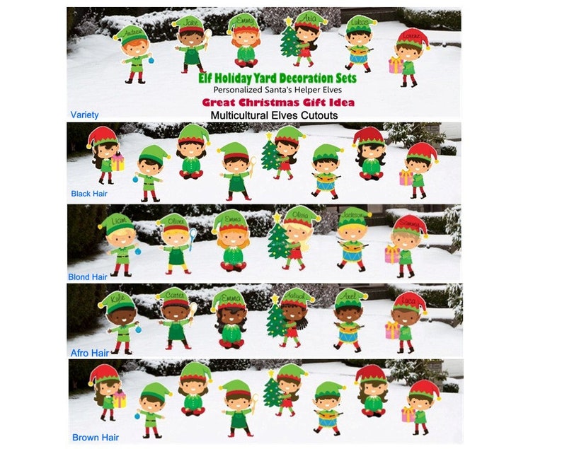 African American Personalized Christmas Elf Lawn Decoration Sets, Outdoor Holiday Signs, Custom Name Elves Yard Art Cutouts, Gift for Kids image 2