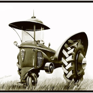 May include: A black and white photo of a futuristic-looking tractor with a large, round tire and a canopy over the driver's seat.