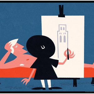 May include: A black and white illustration of an artist drawing a building on a canvas. The artist is wearing a black dress and has a white face. The model is lying down on a red couch and has a white face.