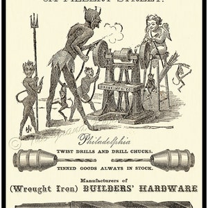 May include: A vintage advertisement for David Brewer & Co., a Philadelphia-based manufacturer of builders' hardware. The ad features a whimsical illustration of devils and an angel operating a grinding wheel. The text reads "Twist drills and drill chucks, Tinned goods always in stock. Manufacturers of (Wrought Iron) Builders' Hardware. Depot for Cosmopolitan Emery Wheels and Grinders."