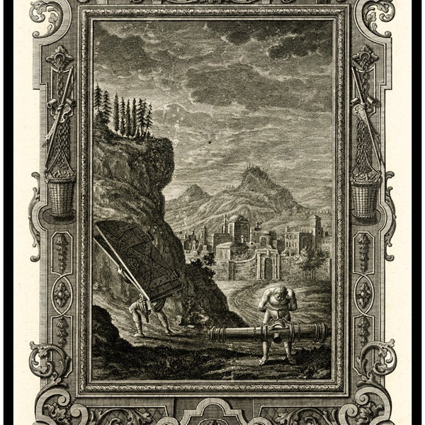 Samson Excercising - Carrying The Iron Gates Of Gaza - Biblical Print - Scheuchzer - Physica Sacra 1731-1735 - Classical Latin Version