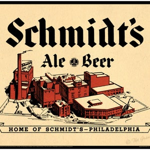 May include: Vintage illustration of a brewery with the text "Schmidt's Ale Beer" and "Home of Schmidt's - Philadelphia".