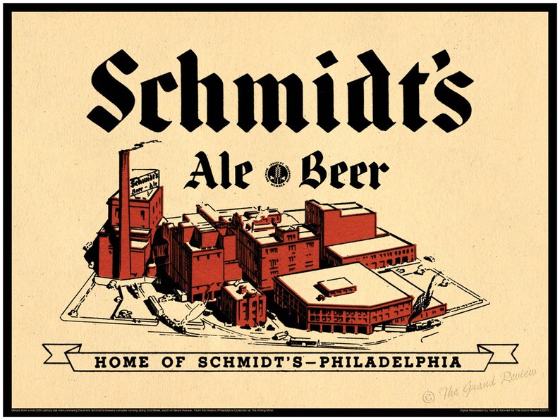 May include: Vintage illustration of a brewery with the text "Schmidt's Ale Beer" and "Home of Schmidt's - Philadelphia".