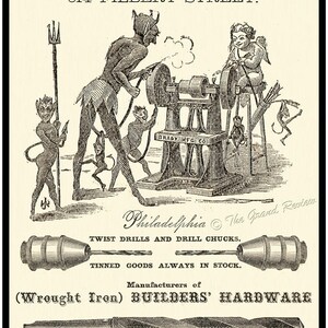 May include: A vintage advertisement for David Brewer & Co., manufacturers of builders' hardware, featuring a black and white illustration of a grinding wheel being operated by a group of devils and an angel. The text reads "David Brewer & Co., 614 Filbert Street, Philadelphia, Twist Drills and Drill Chucks, Tinned Goods Always in Stock, Manufacturers of (Wrought Iron) Builders' Hardware, Depot for Cosmopolitan Emery Wheels and Grinders."