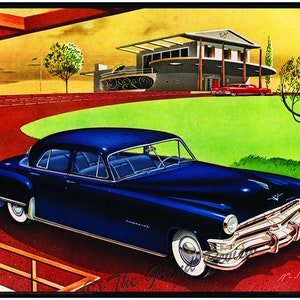 May include: A dark blue 1950s era sedan car parked in front of a modern house with a red roof. The car has chrome accents and a large grill. The house has a large window and a patio.