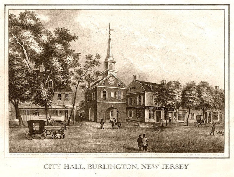 Antique New Jersey Print Burlington NJ City Hall and the Etsy