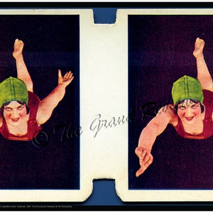 May include: A vintage stereoscopic image of a woman in a green swimming cap and red swimsuit diving into a pool. The image is split into two sections, creating a 3D effect.