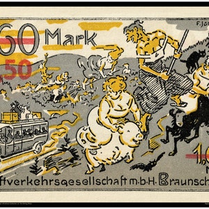 Historic German Print - Wild Witches Night Out - Colorful Notgeld - Weimar Republic Bank Note - Cabaret Era