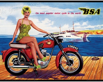 Vintage BSA Motorcycle Print - British Bikes - 1959 1960 - SUPERMARIONATION Double Hull Mega Catamaran