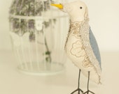 Neutral and Blue Textile Fabric Bird Soft Sculpture