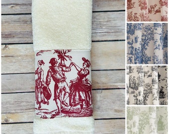 Toile D'Jouy Towels,  hand towels, bath towels, french country, bathroom, custom towels, bath decor, towels, toile, august ave, towel bar