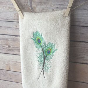 Peacock bath towels, bath towels, peacock, peacock feather, cream ivory towels, hand towel, custom towel, embroidered towel,  peacock bath