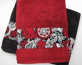 Custom Towels, hand towels, towel sets, You Pick Size and Color, custom towels, red black, towel rack, decorated towels, august ave, red