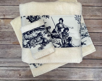 Toile D'Jouy Towels Blue, hand towels, bath towels, French country, bathroom, custom towels, bath decor, ivory navy toile, august ave