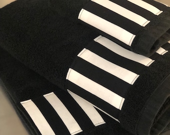 Black Striped Bath towel, black and white striped black towels for bathroom towel bar sold individually not in sets pick your size