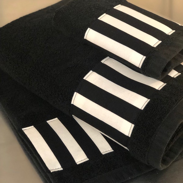 Black Striped Bath towel, black and white striped black towels for bathroom towel bar sold individually not in sets pick your size