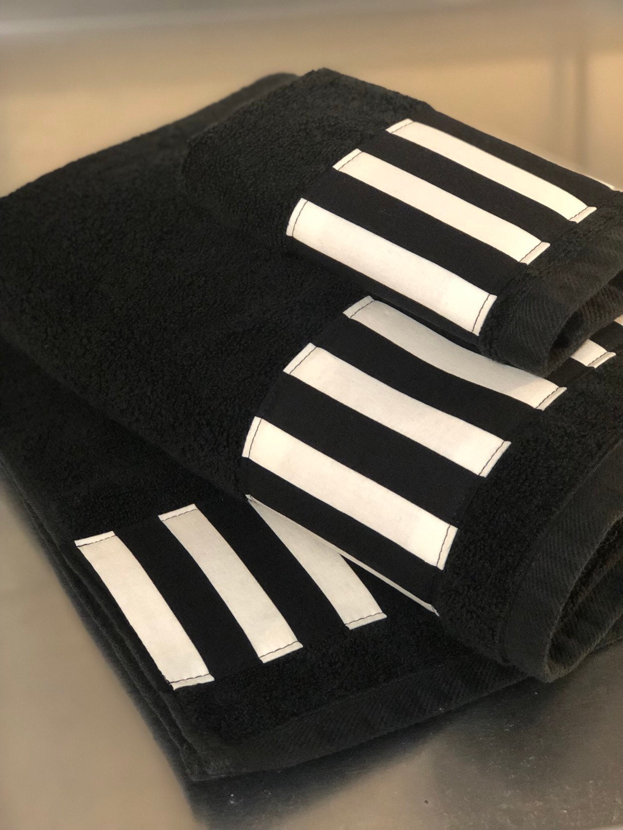 Black Striped Bath Towel, Black and White Striped Black Towels for