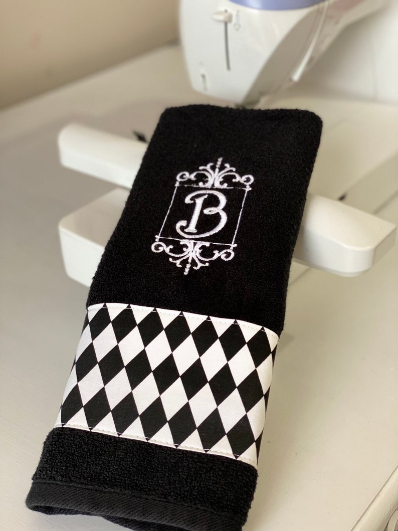 Harlequin Black and White diamond bathroom towel custom monogram, towels personalized monogrammed, hand, sheet, bath, washcloth image 5