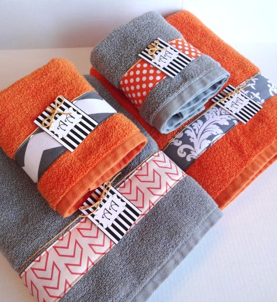 Set of 4 bath towels gray and orange grey and orange | Etsy