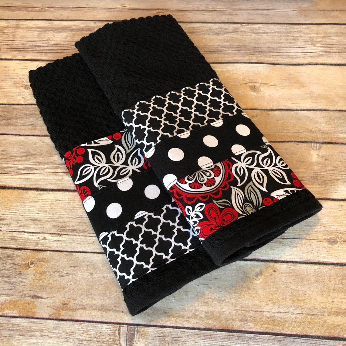 Kitchen Towel Set Black White Red Handmade Kitchen Black Etsy