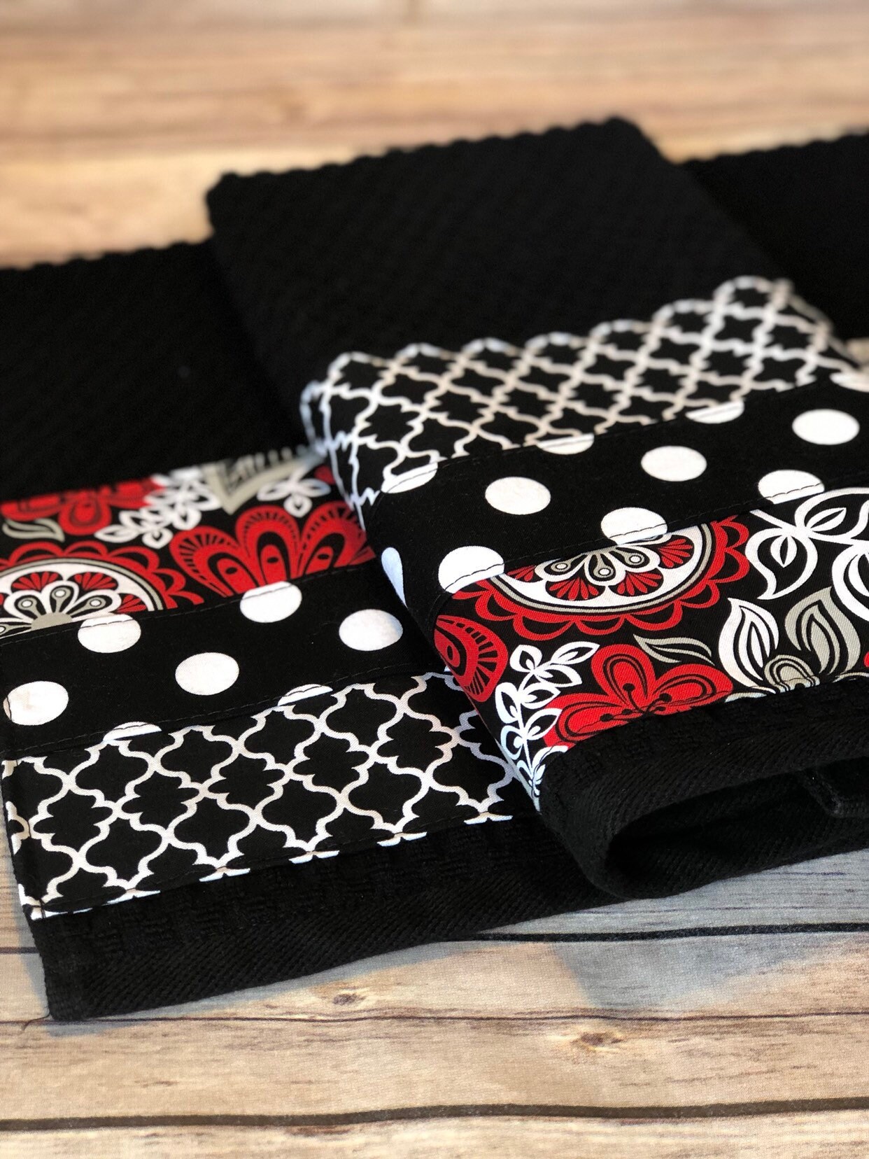 Kitchen Towel Set Black White Red Handmade Kitchen Black Etsy