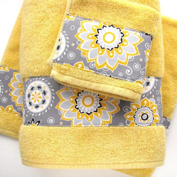 Yellow Towels, yellow and grey, towels, gray yellow, bathroom decor, you pick the size sold individually, custom towels, decorated towels
