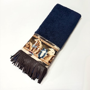 Horse Hand and Bath Towels, 2 sizes and 4 towel colors,  Farm Ranch Yellowstone Western, Fringed Trim Bath Towels, horse saddle, blue brown