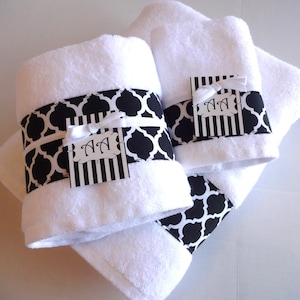 Black Bath Towels, black and white, black bathroom, decorated towels, hand towel, quatrefoil, lattice, august ave, sold individually